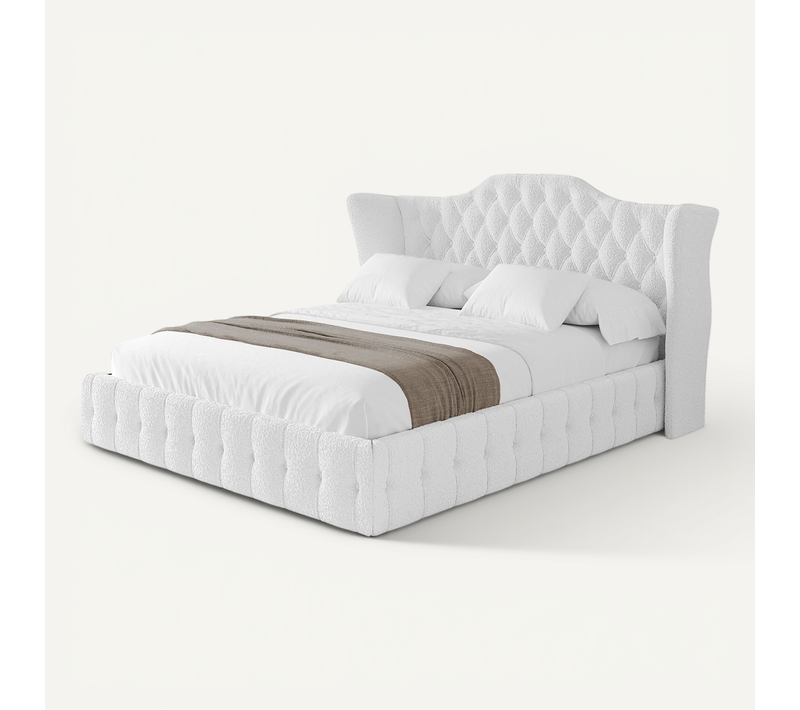 Lit Tapissé Avec Tête De Lit Tissu Bouclé - Mody 180x200 Blanc