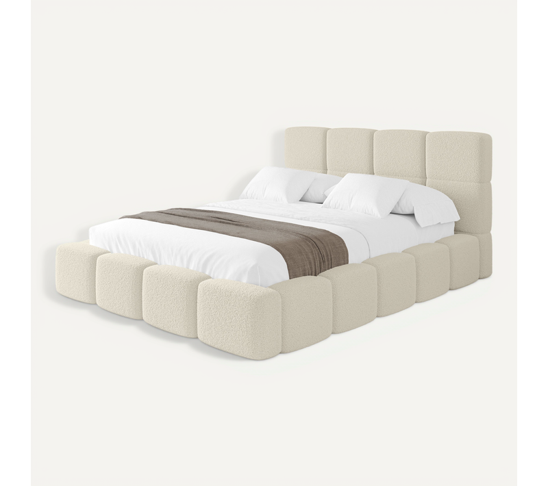 Lit Tapissé Avec Un Coffre De Rangement Et Tête De Lit Tissu Bouclé - Beige Nata 140x200 Cm