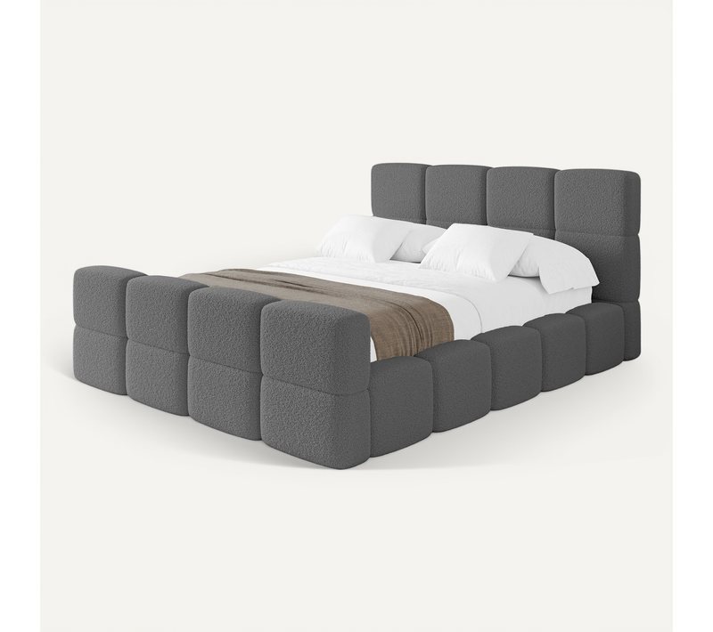 Lit Tapissé Avec Un Coffre De Rangement Et Tête De Lit Tissu Bouclé - Gris Nata-z 180x200 Cm