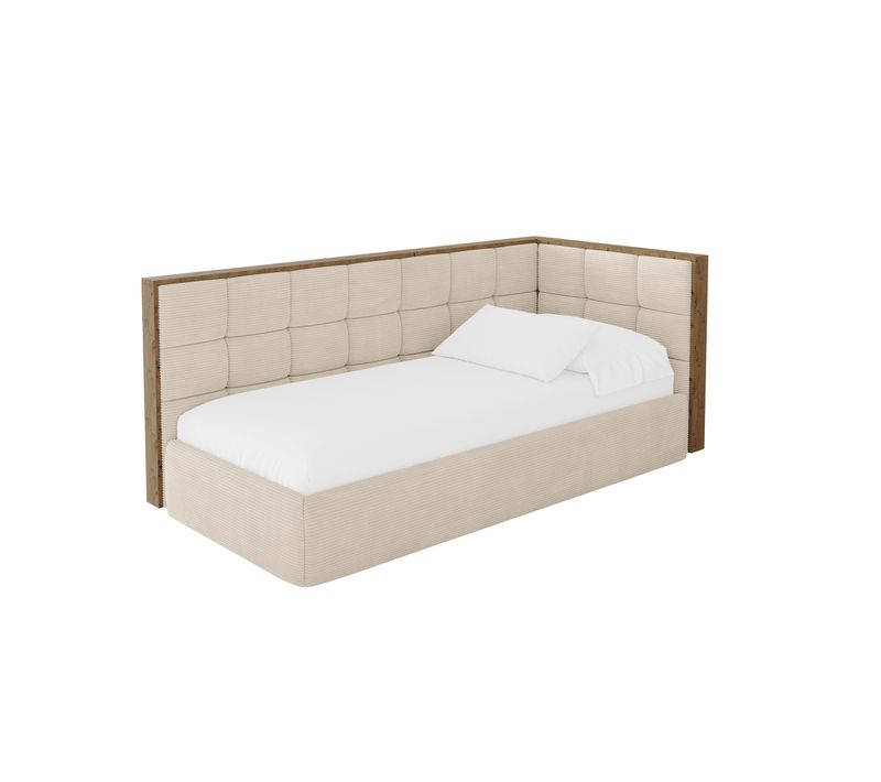 Lit Adolescent Gauche Avec Rangement Sovy 90x200cm Beige En Velours Côtelé