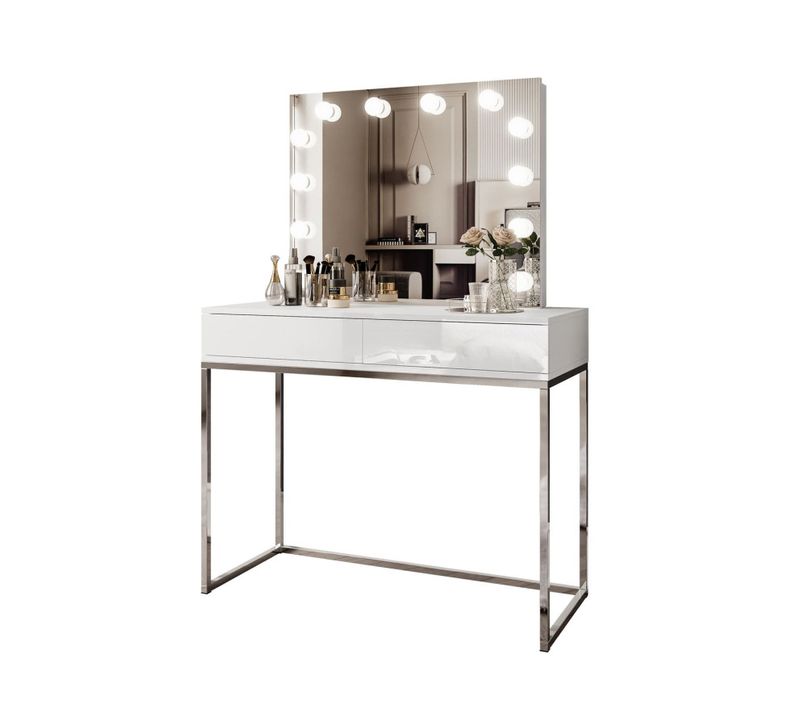 Coiffeuse Blanco Glamour Elite Avec Miroir Et Éclairage, Blanc Brillant, Ouverture Push