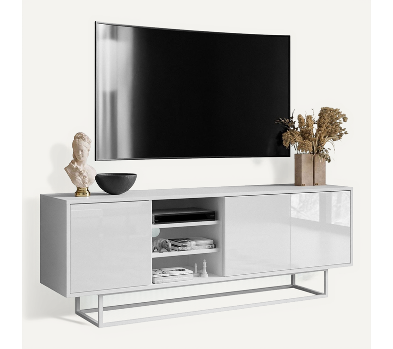 Meuble TV Sanayi Sur Structure Blanche Avec Étagères Brillant Blanc
