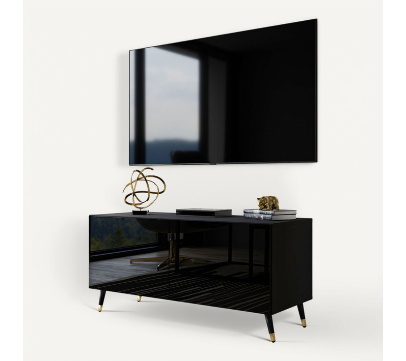 Meuble TV Aura 100 Noir Brillant Avec Éclairage LED – Couleur Des Pieds : Noir + Doré