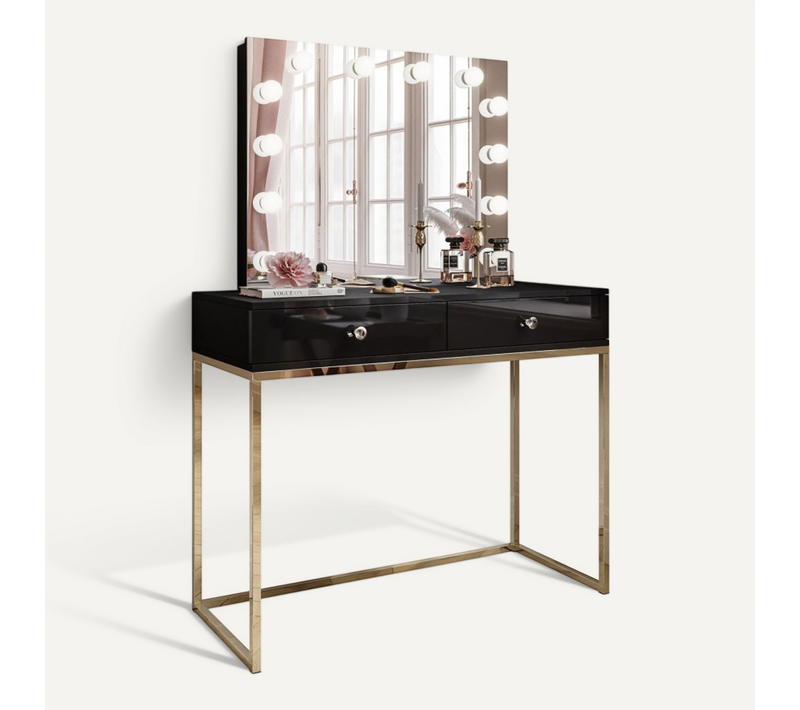 Coiffeuse Blanco Elite Avec Miroir Et Éclairage, Or Chromé, Noir Brillant, Poignée Cristal Blanc