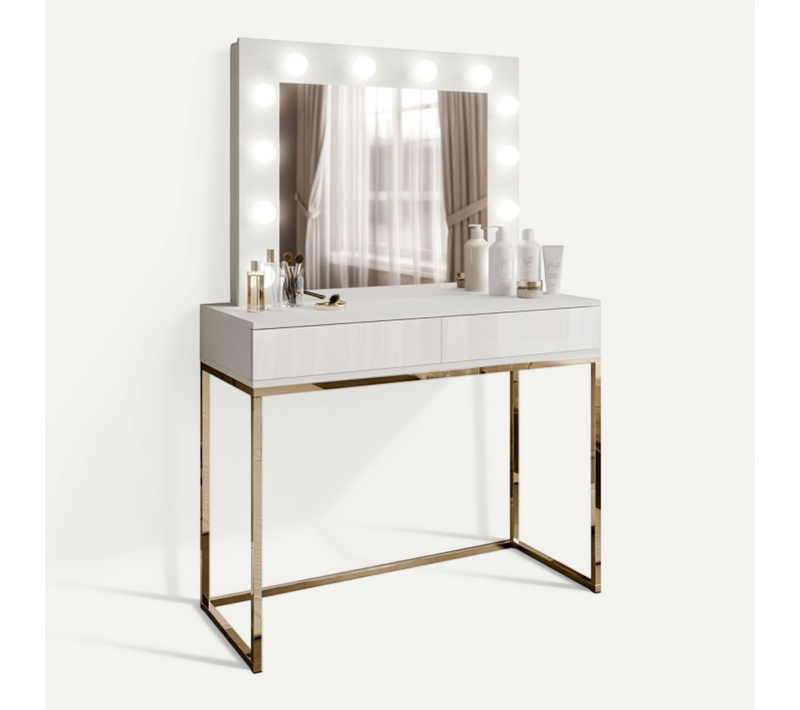 Coiffeuse Blanco Avec Miroir Et Éclairage, Or Chromé, Blanc Brillant, Ouverture Push