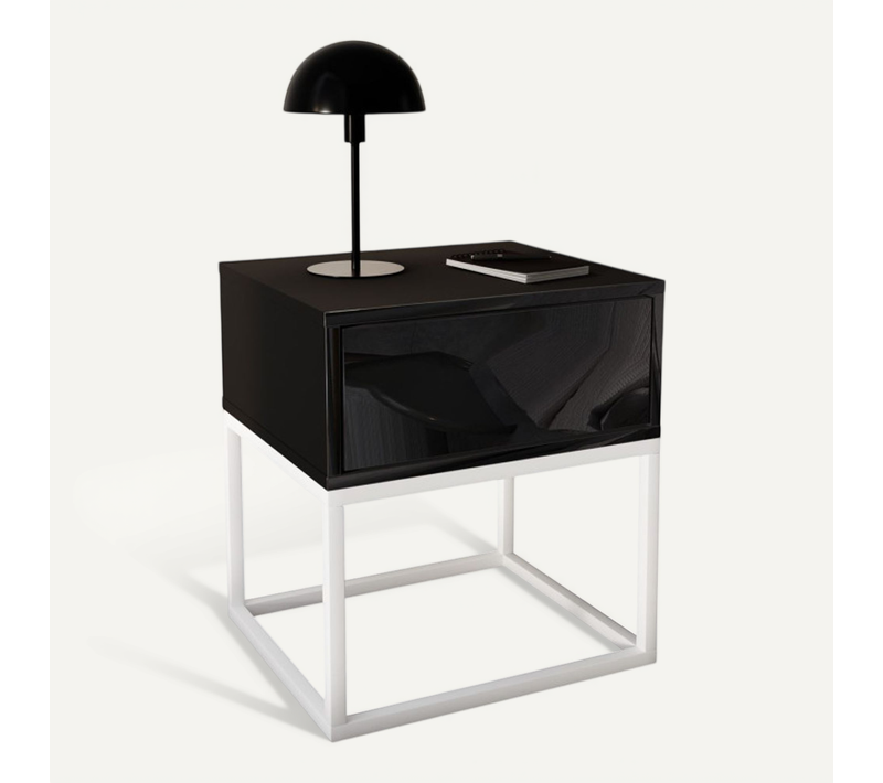 Table De Nuit Blanco Loft Ii Sur Cadre Noir, Blanc / Noir Brillant