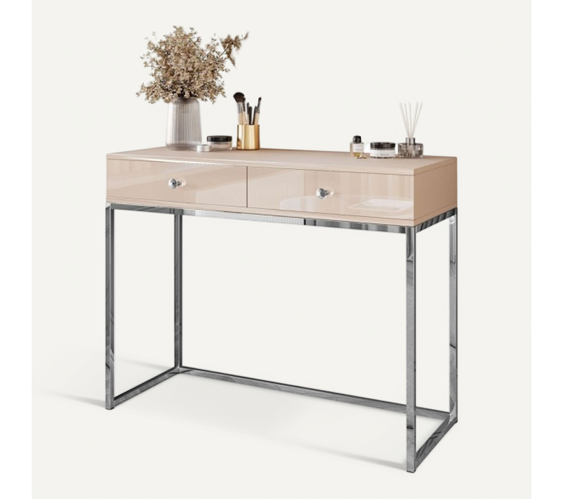 Coiffeuse Blanco Glamour Kaschmir Sur Structure Chromée Avec Miroir LED, Poignée Cristal Blanc