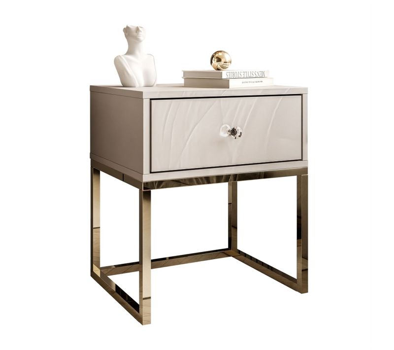 Table De Chevet Blanco Kaszmir Sur Structure, Poignée En Cristal, Chrome Doré / Cachemire Brillant