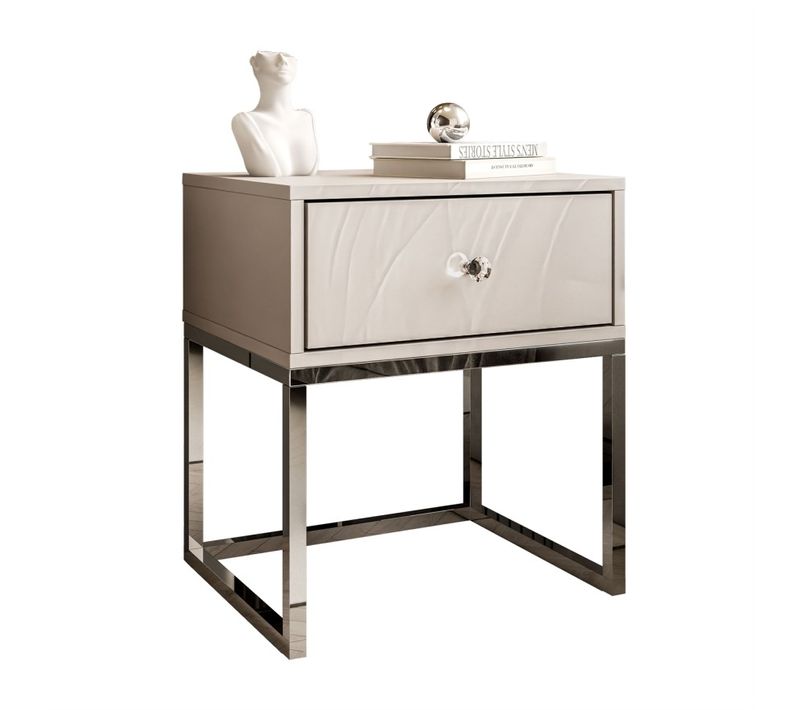 Table De Chevet Blanco Kaszmir Sur Structure, Poignée En Cristal, Chrome Argenté/cachemire Brillant