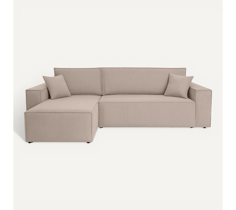 Canapé D’angle Convertible Réversible Velours Côtelé Beige Coffre Fonction Couchage Carlos L