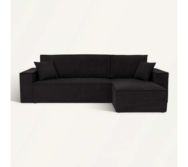 Canapé D’angle Convertible Réversible, Velours Côtelé Noir Coffre Fonction Couchage Carlos L