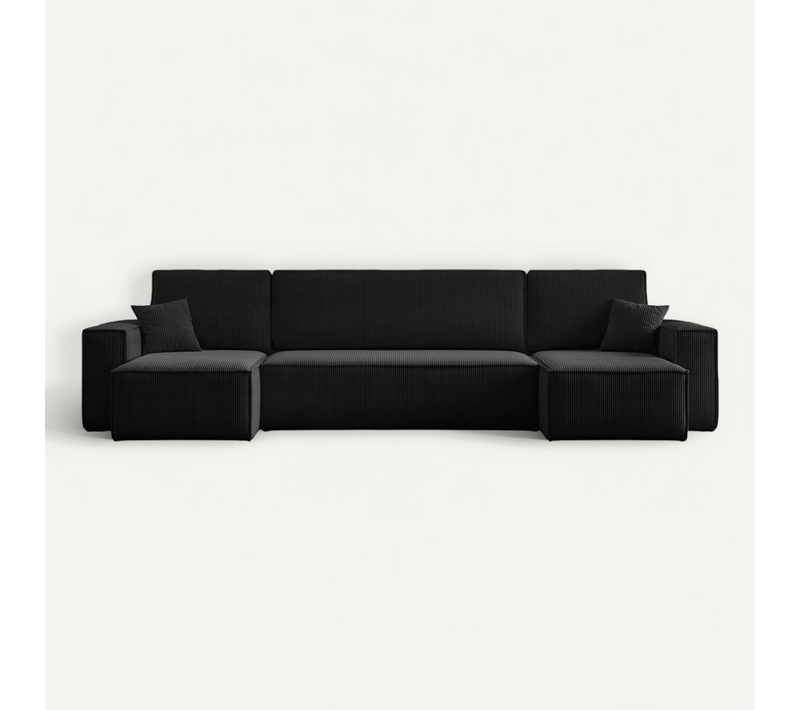Canapé D’angle En U Carlos U Convertible Noir Fonction Couchage, Coffre De Rangement XXL