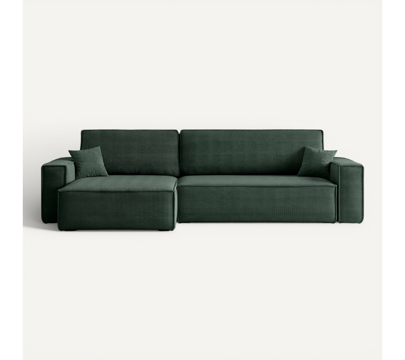Canapé D’angle Convertible Réversible Carlos XL – Velours Côtelé Vert Bouteille Fonction Couchage
