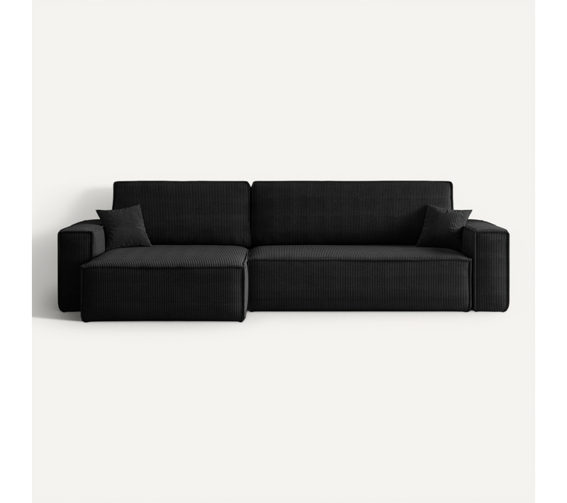 Canapé D’angle Convertible Réversible Carlos XL – Velours Côtelé Noir Fonction Couchage