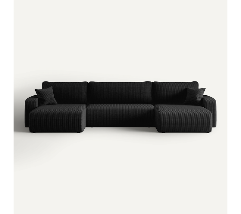 Canapé D’angle Réversible Pianioo U Convertible – Velours Côtelé Noir Coffre Universel Gauche/droite