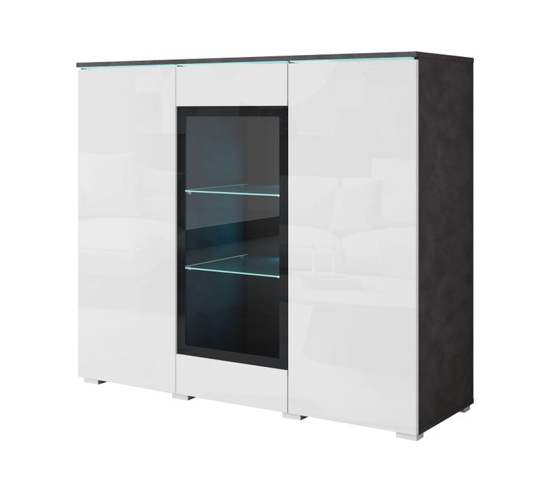 Vitrine, Vaisselier Veve 120 Cm En Matera/blanc Brillant Avec éclairage LED