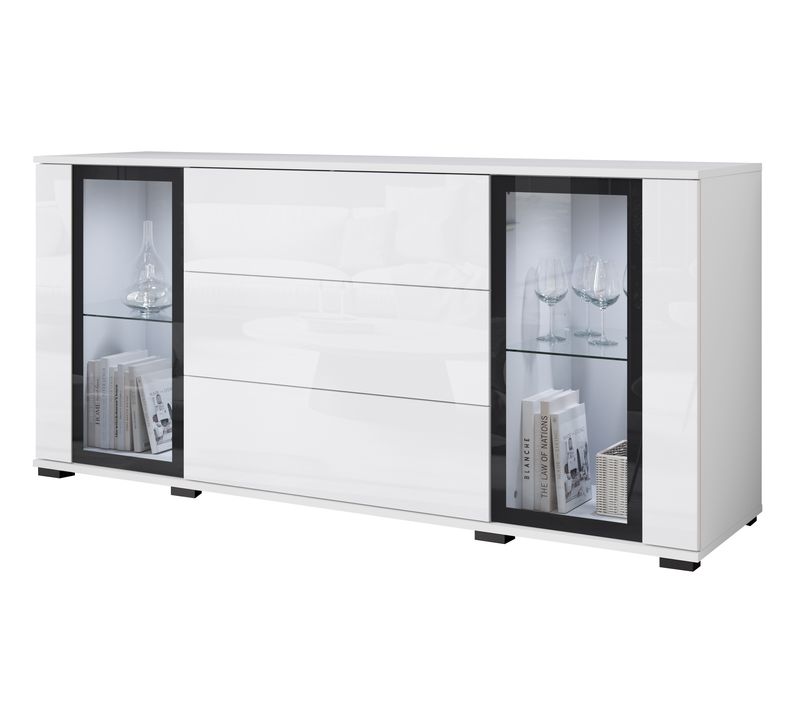 Vitrine, Vaisselier à Tiroirs Faro 150 Cm Blanc/blanc Brillant Avec éclairage LED