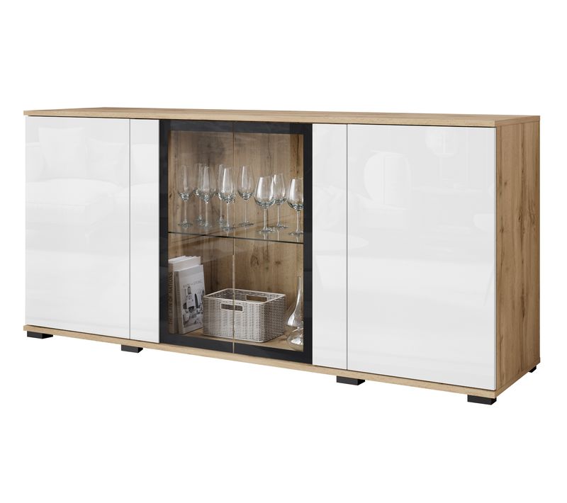 Vitrine, Vaisselier Faro 150 Cm Chêne Wotan/blanc Brillant
