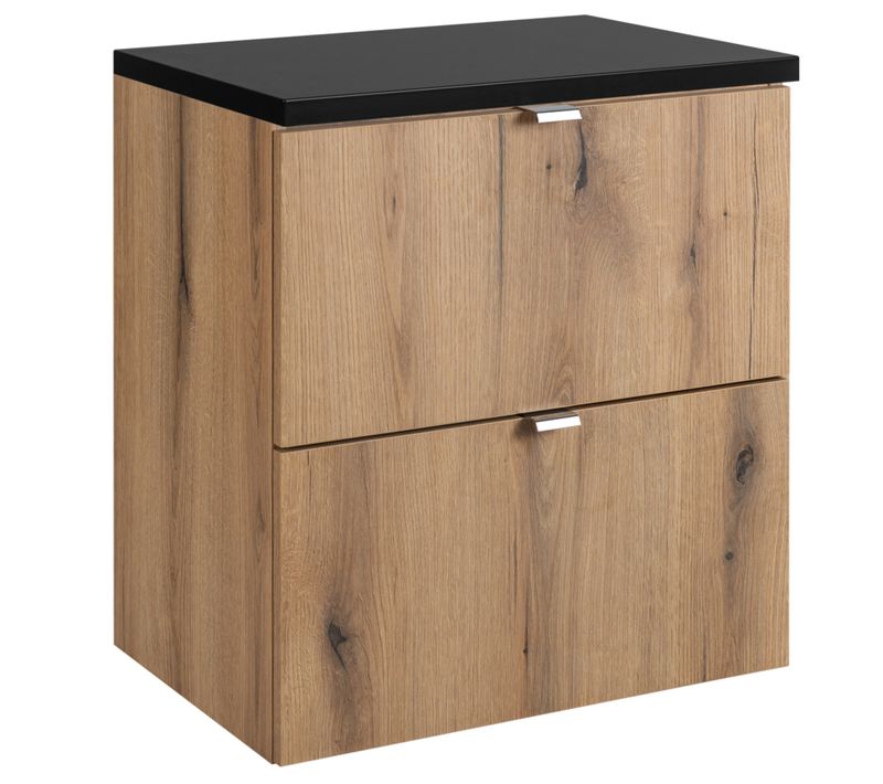 Meuble Suspendu Sous Vasque 2 Tiroirs Avec Le Plan Noir Nova Oak 50 Cm