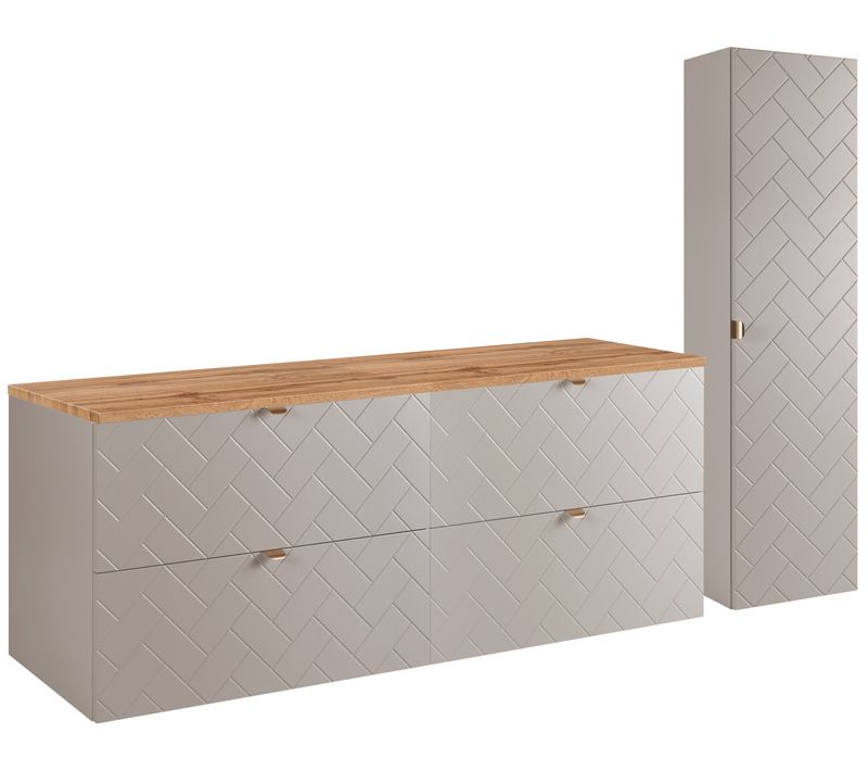 Ensemble Un Meuble Sous Vasque 160 Cm Avec Le Plan Chêne Et Une Colonne 35/136 Cm Madis Cachemire