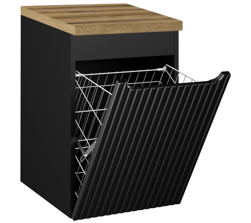 Meuble Bas De Salle De Bain Nova Noir Avec Panier à Linge Et Plan Chêne 40 Cm