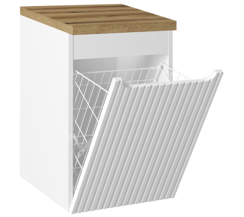 Meuble Bas De Salle De Bain Nova Blanc Avec Panier à Linge Et Plan  Chêne 40 Cm