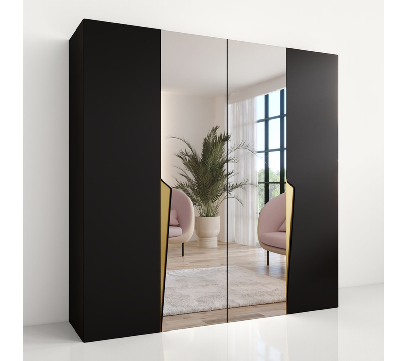 Armoire à Portes Battantes Piano 2 200 / 202 / 52 (noir + Poignées: Doré)