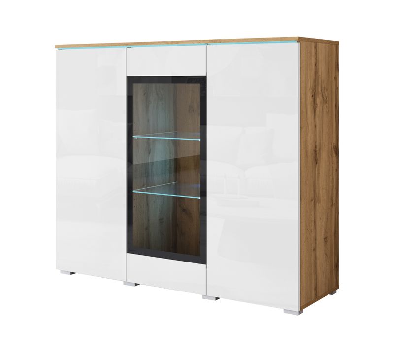 Vitrine, Vaisselier Veve 120 Cm, Couleur Chêne Wotan / Blanc Brillant Avec éclairage LED