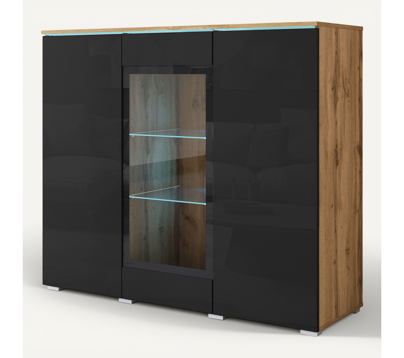 Vitrine, Vaisselier Vitrée Veve 120 Cm, Couleur Chêne Wotan/noir Brillant