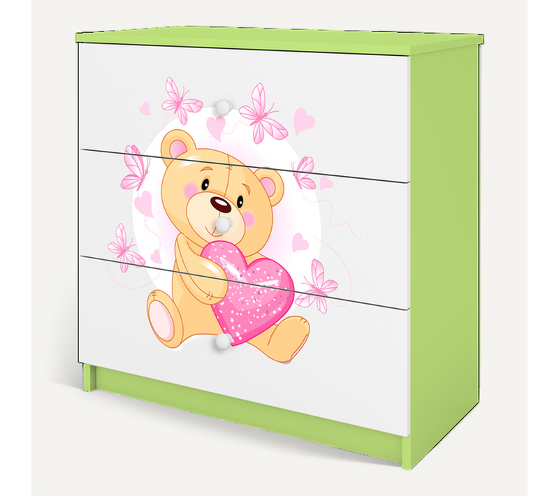 Commode Enfant Avec Tiroirs Ourson Et Papillons, Verte - Babydreams