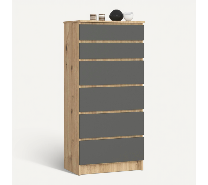 Commode K60 Chêne Artisan 60 Cm 6 Tiroirs Façade Gris Graphite 60x40x130 Cm