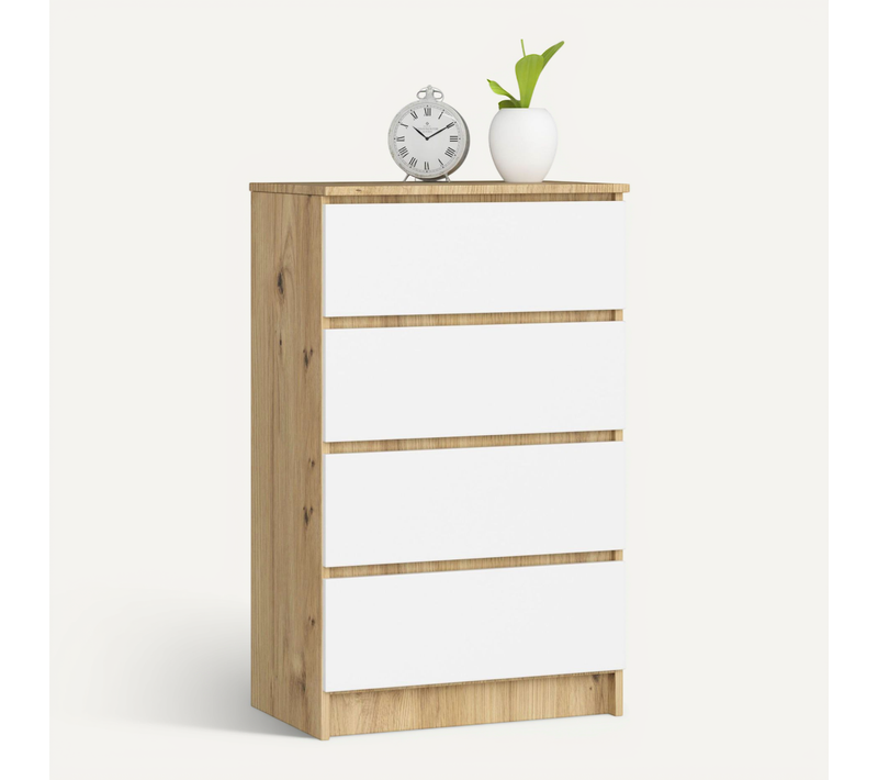 Commode K60 Chêne Artisan 60 Cm 4 Tiroirs Façade Blanche 60x40x99 Cm