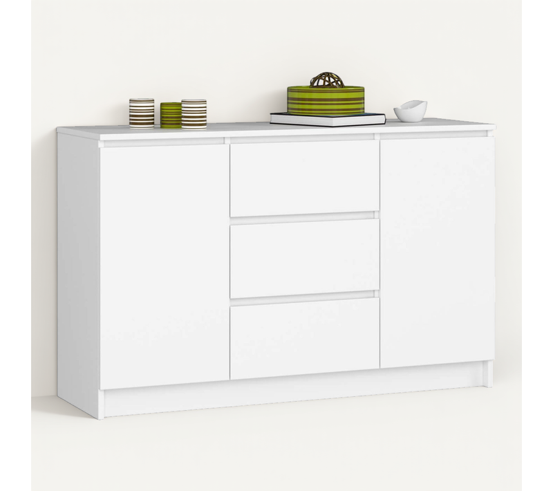 Commode K016 Blanche 120 Cm 2 Portes 3 Tiroirs Façade Blanche 4 étagères 120x40x77 Cm