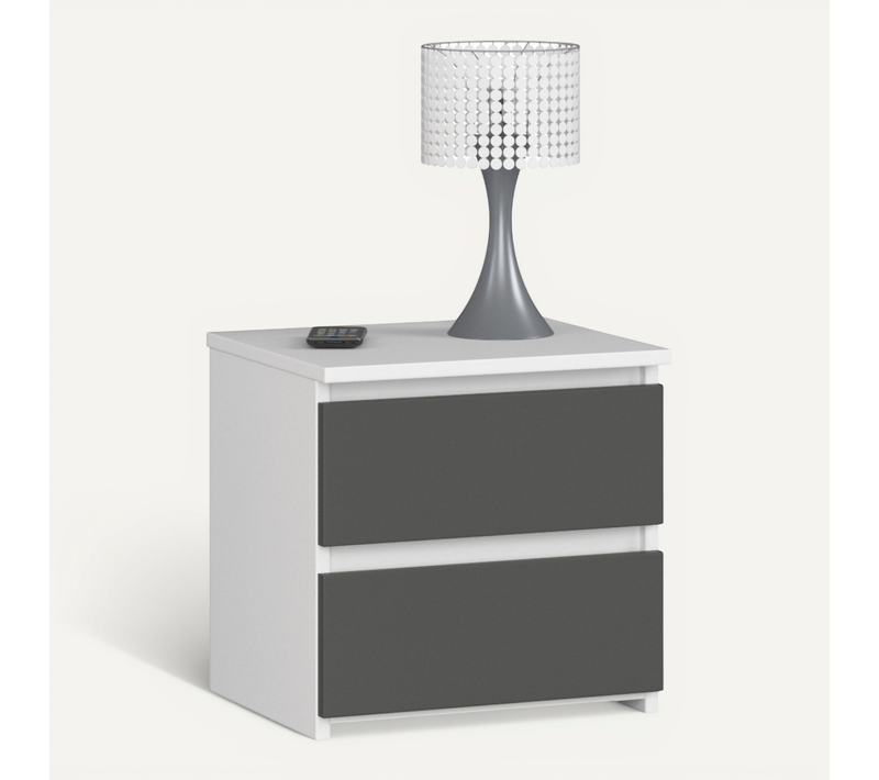 Table De Chevet Blanche 40 Cm 2 Tiroirs Façade Gris Graphite 40x35x40 Cm