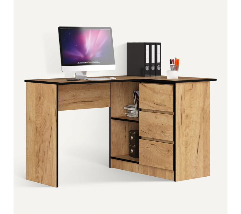Bureau D'angle Droit B16 Chêne Craft 124 Cm 3 Tiroirs Façade Chêne Craft 2 Étagères 124x85x77