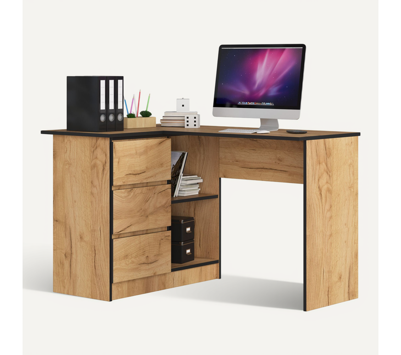 Bureau Akord D'angle Gauche B16 Chêne Craft 124 Cm 3 Tiroirs Façade Chêne Craft