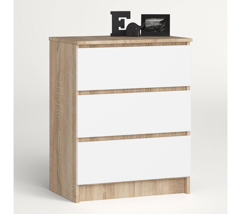 Commode K60 Chêne Sonoma 60 Cm 3 Tiroirs Façade Blanche 60x40x77 Cm