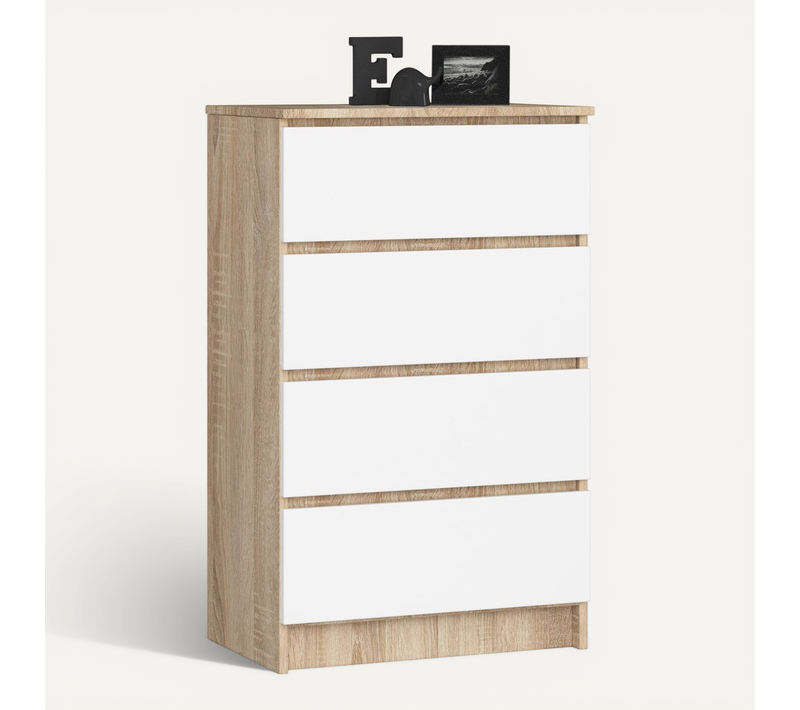 Commode K60 Chêne Sonoma 60 Cm 4 Tiroirs Façade Blanche 60x40x99 Cm