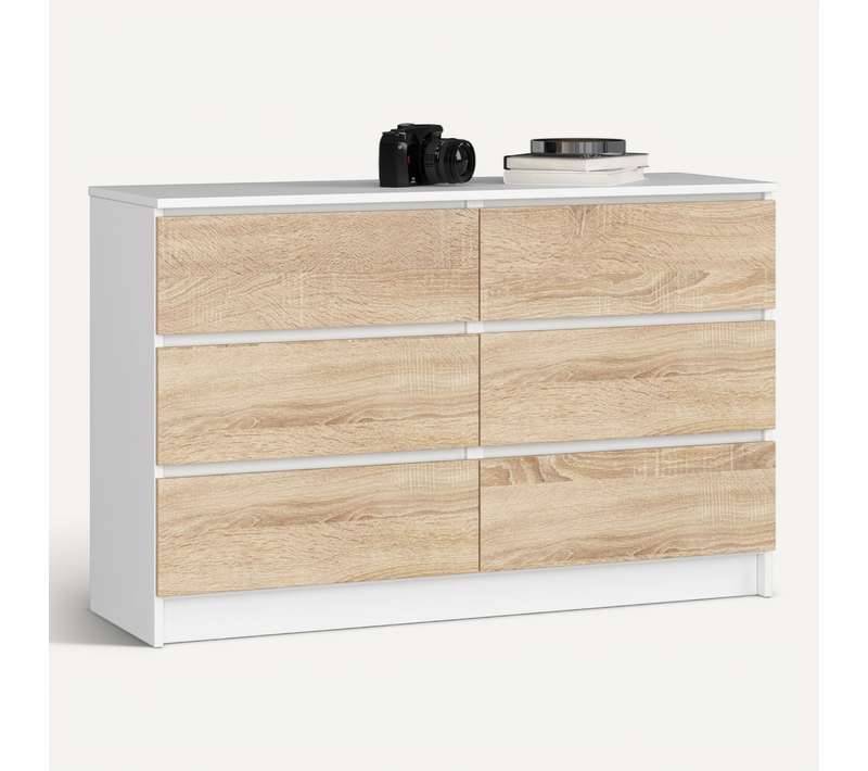Commode Akord K120 Blanche 120 Cm 6 Tiroirs Façade Chêne Sonoma 120x40x77 Cm