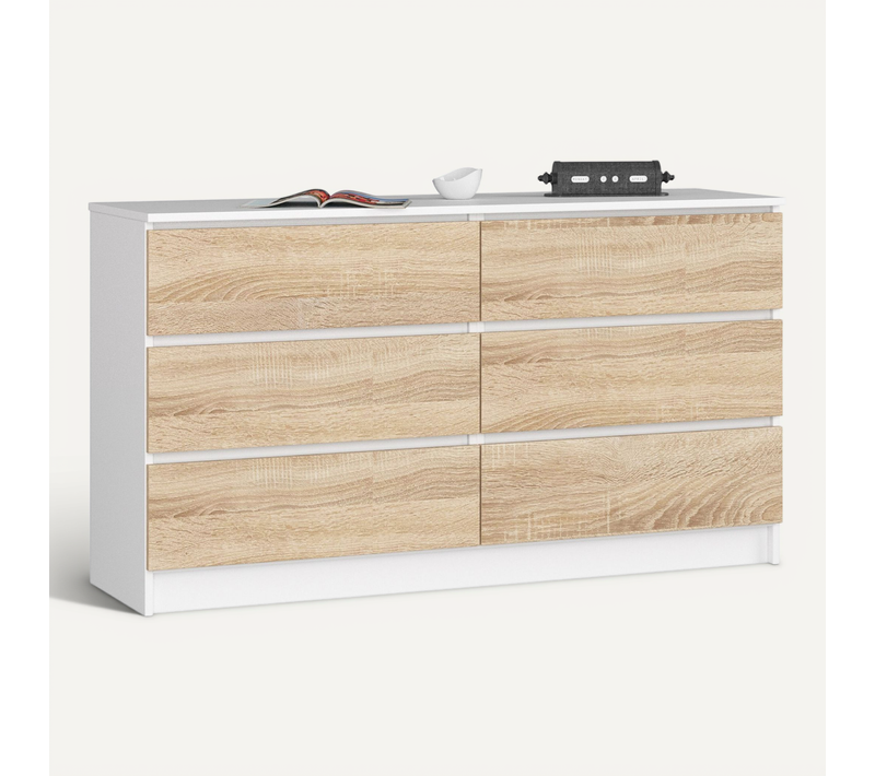 Commode K140 Blanche 138 Cm 6 Tiroirs Façade Chêne Sonoma 138x40x77 Cm