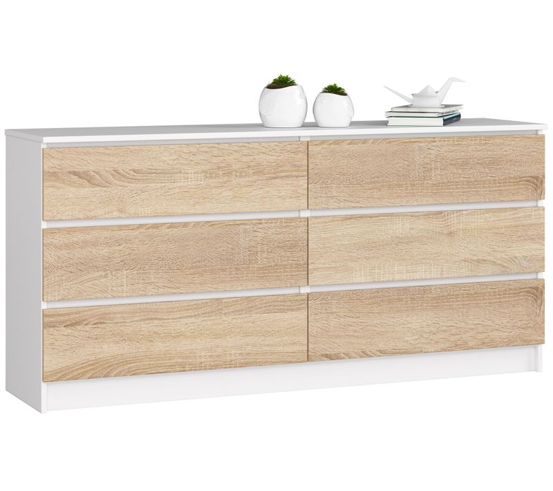 Grande Commode Pour Le Salon K160 Blanche 160 Cm 6 Tiroirs Façade Chêne Sonoma 160x40x77 Cm