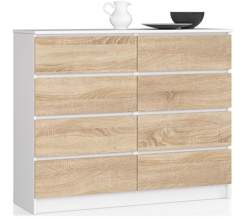 Commode K120 Blanche 120 Cm 8 Tiroirs Façade Chêne Sonoma 120x40x99 Cm