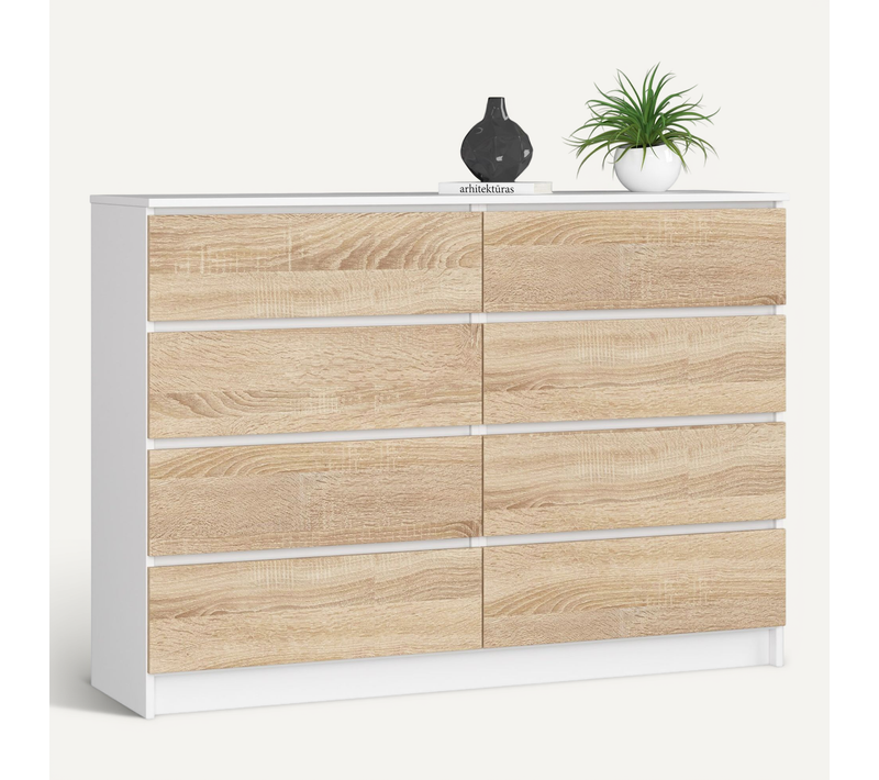 Commode K140 Blanche 138 Cm 8 Tiroirs Façade Chêne Sonoma 138x40x99 Cm
