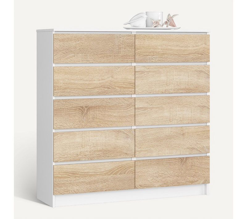Commode K120 Blanche 120 Cm 10 Tiroirs Façade Chêne Sonoma 120x40x121 Cm