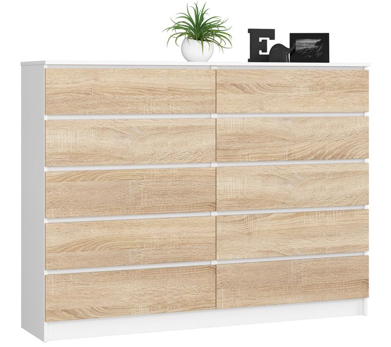 Grande Commode Pour Le Salon Akord K160 Blanche 160 Cm 10 Tiroirs Façade Chêne Sonoma 160x40x121 Cm
