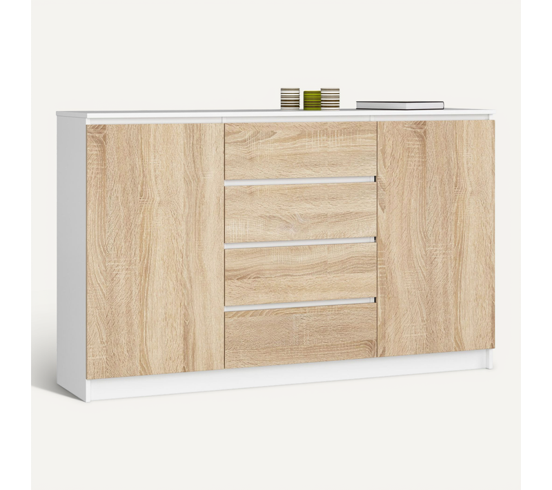 Grande Commode Pour Le Salon K160 Blanche 160 Cm 2 Portes 4 Tiroirs Façade Sonoma 4 étagères