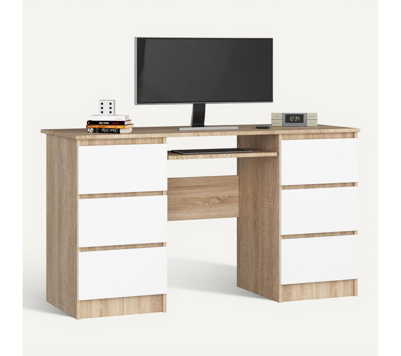 Bureau D'ordinateur A11 Chêne Sonoma 135 Cm 6 Tiroirs Façade Blanche 135x50x77 Cm