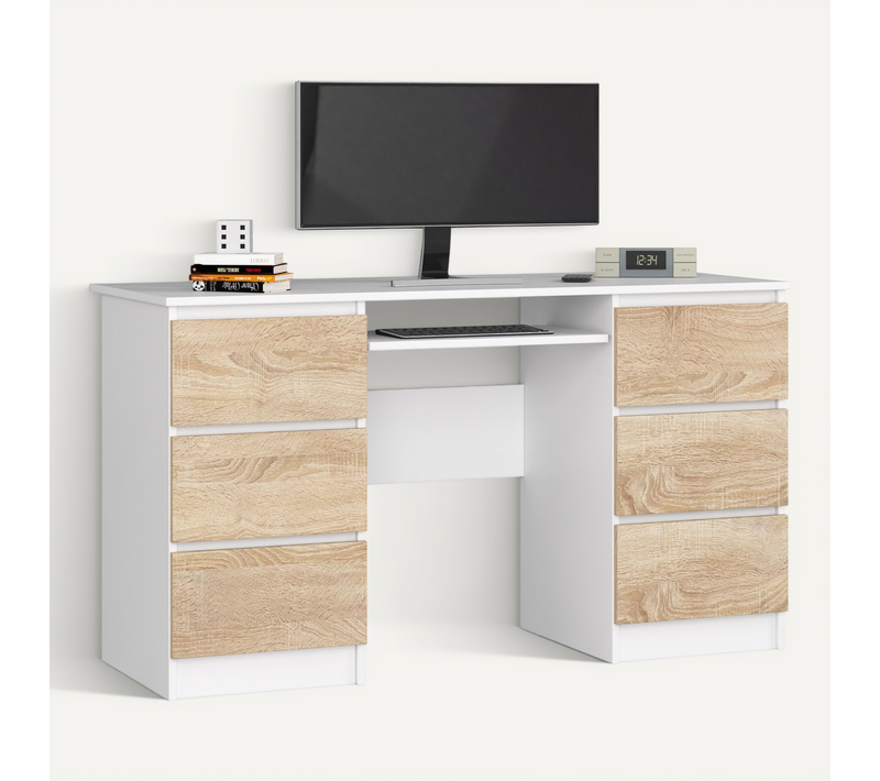 Bureau D'ordinateur A11 Blanc 135 Cm 6 Tiroirs Façade Chêne Sonoma 135x50x77 Cm