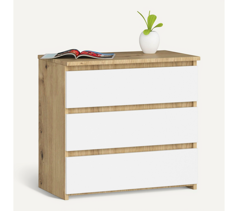 Table De Chevet Chêne Artisan 60 Cm 3 Tiroirs Façade Blanche 60x35x57 Cm