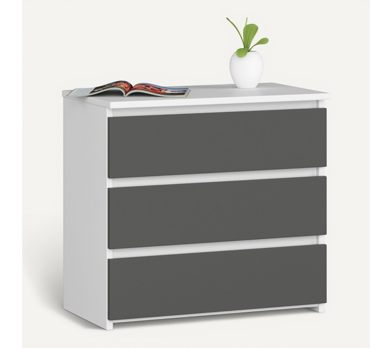 Table De Chevet Blanche 60 Cm 3 Tiroirs Façade Gris Graphite 60x35x57 Cm